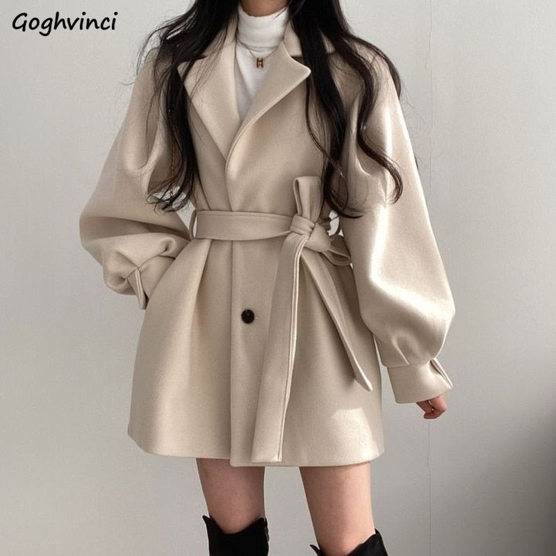 Women Solid Wool Blend Coat Slim Fit Belt Coats Female Warm Cotton Thicker V-neck Office Lady Elegant Trendy Button Outwear Ins