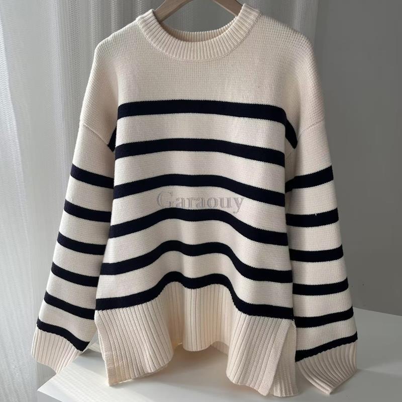 Garaouy 2022 Autumn Women's Slit Loose O Neck Long Sleeve Striped Sweater Lazy Soft Knit Jumper Female All-match Pullover Mujer