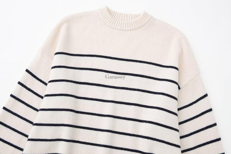 Garaouy 2022 Autumn Women's Slit Loose O Neck Long Sleeve Striped Sweater Lazy Soft Knit Jumper Female All-match Pullover Mujer