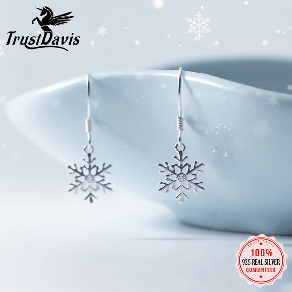 TrustDavis Real 925 Sterling Silver Earring Winter Snowflakes Charm Dangle Earrings For Women Wedding Christmas Jewelry DA01-9