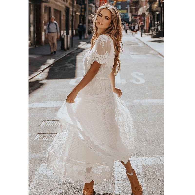 Hollow Out White Dress Sexy Women Long Lace Dress Cross Semi-Sheer Plunge V-Neck Short Sleeve Lace Maxi Dress Simple Solid