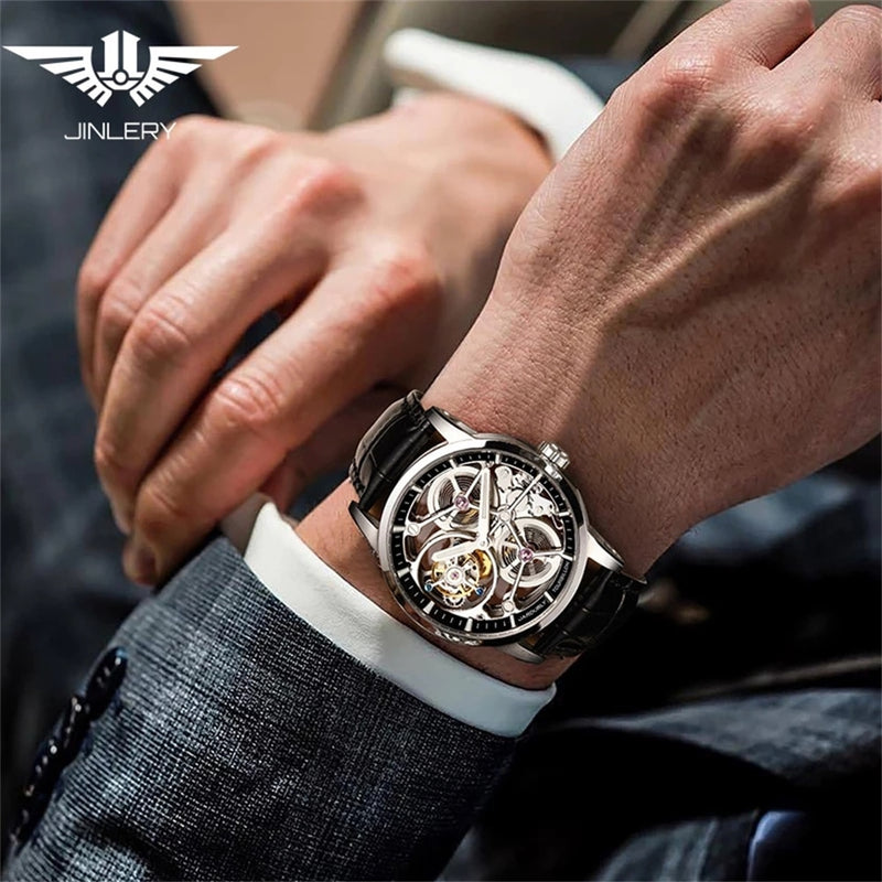 JINLERY Mechanical Hand Wind Watch for Men Tourbillon Nine-Position Man Watches Skeleton Luxury Clock Leather New часы мужские