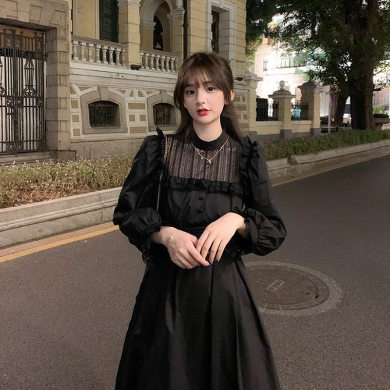 QWEEK Gothic Black Lace Dress Women Casual Elegant Party Midi Ruffle Long Sleeve Dress Emo Y2k Goth Clothes 2022 Spring Robes