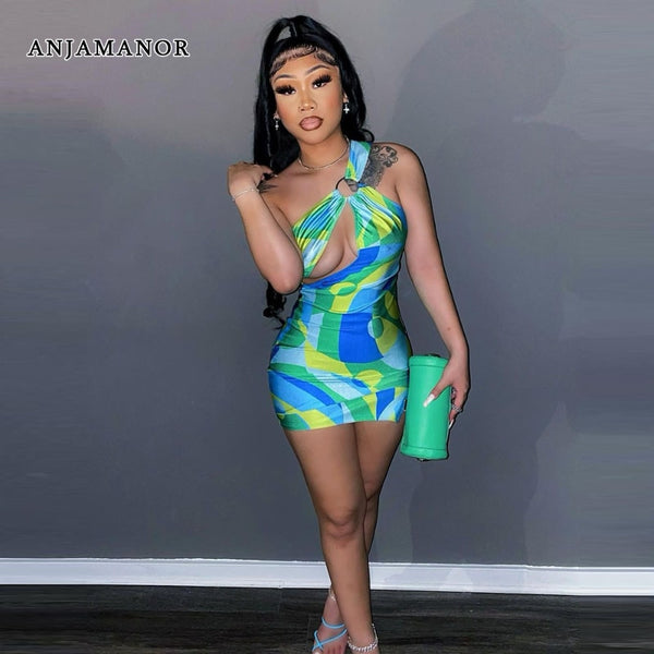 ANJAMANOR Fashion Geometric Print Women Dresses Summer 2022 Club Asymmetrical Cut Out One Shoulder Bodycon Mini Dress D82-BB15