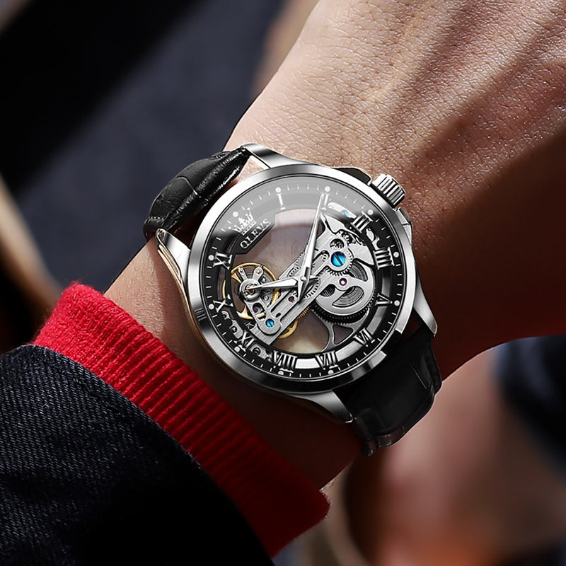 OLEVS Luxury Men Watches Automatic Mechanical Wristwatch Skeleton Design Waterproof Leather Strap Male Watch  Reloj Hombre