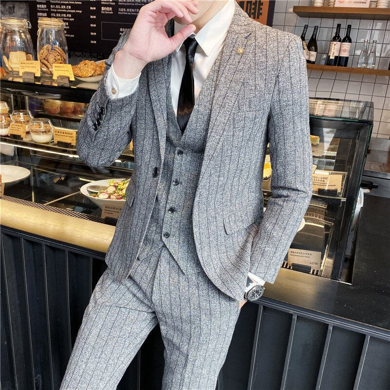 Boutique (Blazer + Vest + Trousers) Fashion Business Casual Gentleman Men's Italian Style Elegant Striped Slim Fit 3-Piece Set