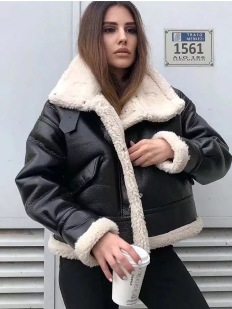 Winter Women Streetwear Faux Lamb Leather Fur Lapel Crop Jacket Autumn Female Moto Biker Thick Warm Sheepskin Outwear Coat