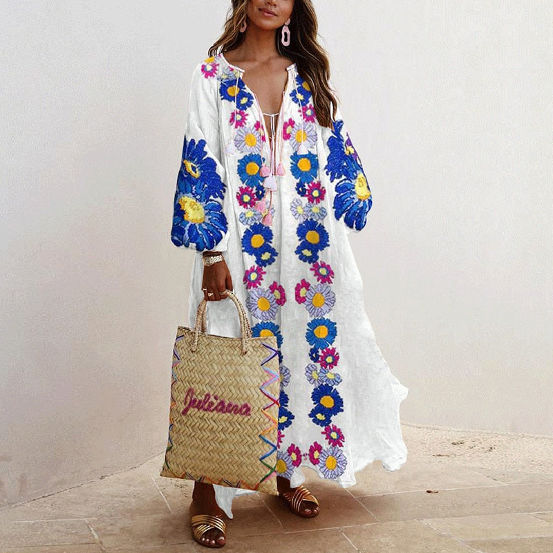 Vestido Spring Summer Women's Boho Dress Fashion Elegant Sexy V-Neck Retro Digital Printed Tassel Puff Sleeve Mid Length Dresses