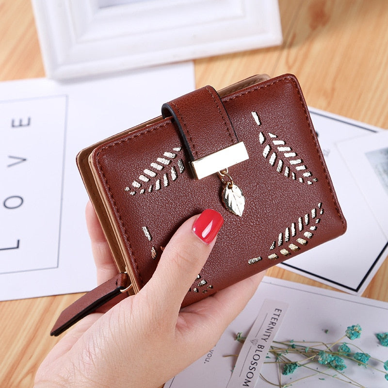 EXBX Women Wallet Hollow Golden Leaf Buckle Wallet PU Leather Purse Female Long Wallet for Women Coin Purse Card Holders Clutch