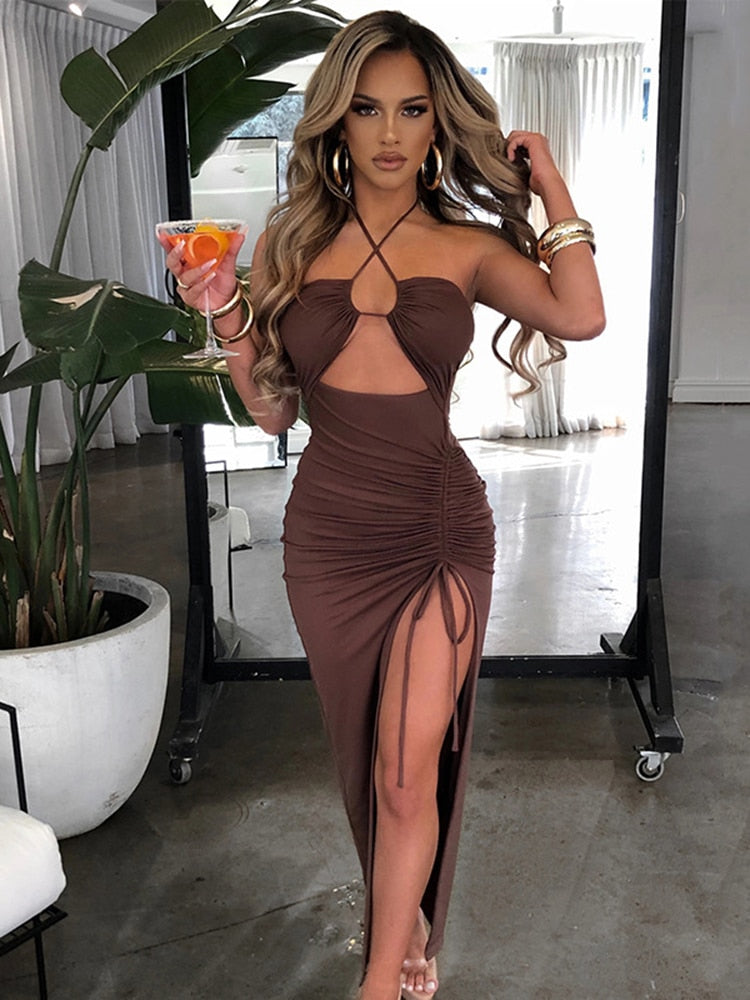 Cryptographic Hot Summer Sexy Halter Backless Sleeveless Cut Out Maxi Dress for Women Elegant Club Party Slit Dresses Vestido