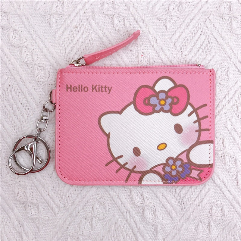 Kawaii  Sanrio Cartoon Bag Cinnamoroll Melody Pachacco Pom Pom Purin Kuromi Leather Card Holder Cute Coin Purse Keychain Pendant