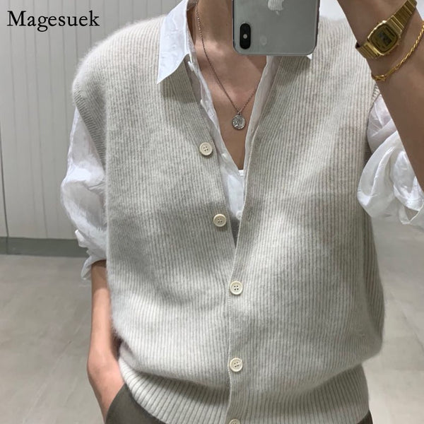 Cardigan Sweater Vest Loose 2022 Autumn and Winter Warm Knitted Vest Sweater for Women Loose Solid Sleeveless Sweaters 16348