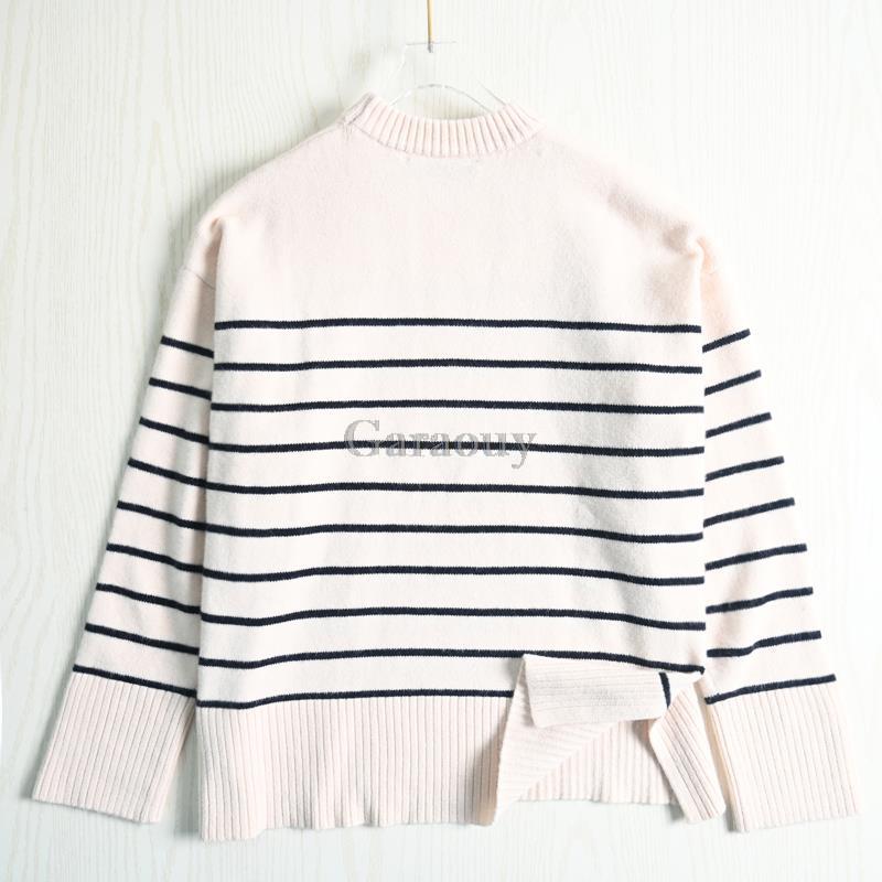 Garaouy 2022 Autumn Women's Slit Loose O Neck Long Sleeve Striped Sweater Lazy Soft Knit Jumper Female All-match Pullover Mujer