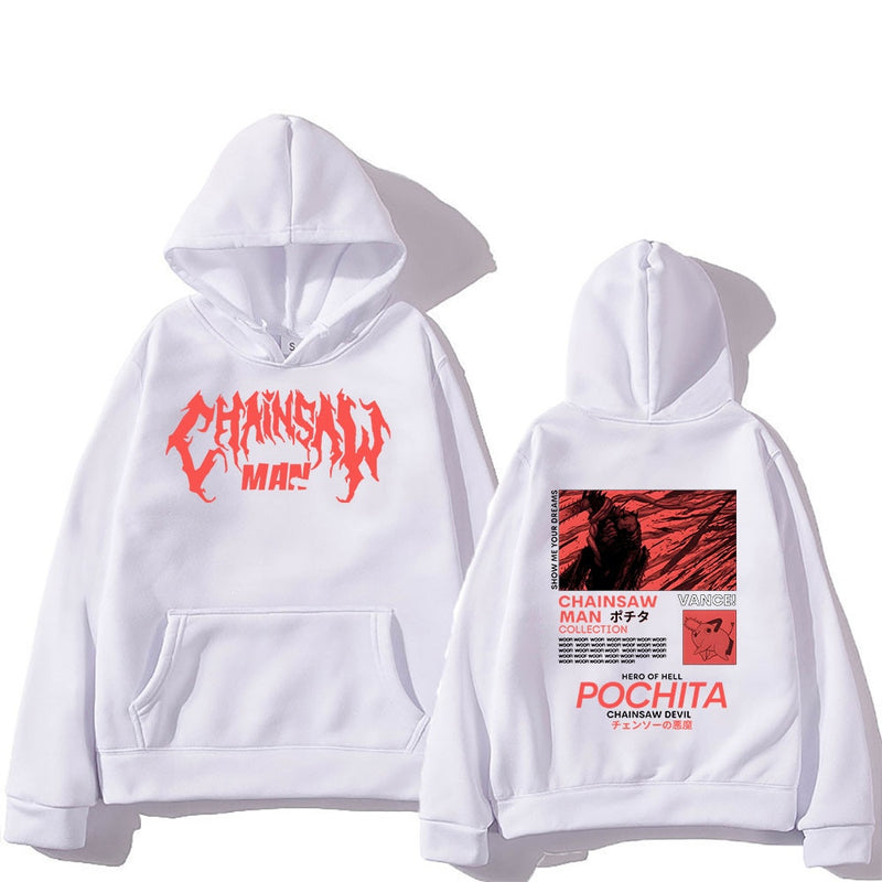 Chainsaw Man Pochita Hoodies Logo Letter Print Sweatshirts Manga Cartoon Graphic Streetwear Long Sleeve Gothic Mens Pullovers