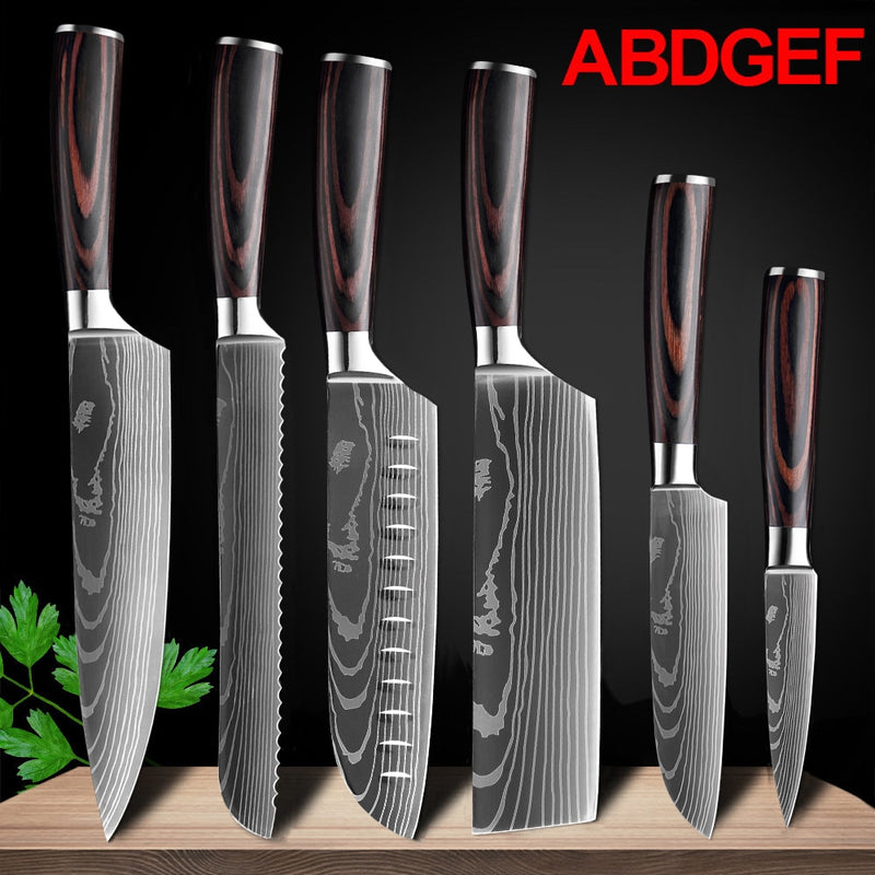 Japanese Kitchen Knife Set Laser Damascus Pattern Stainless Steel  Sharp Cleaver Slicing Utility Knives Kitchen Tools