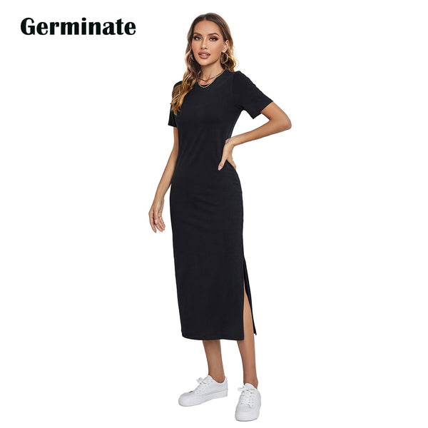 Maxi Dress T Shirt  Women&#39;s Summer Dress Casual Party Bodycon Sexy Elegant Black High Slit Vintage Cotton Sun Long Dresses