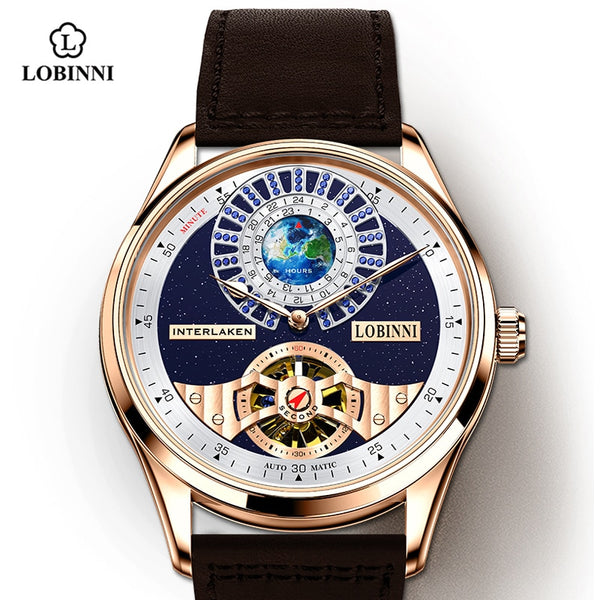 LOBINNI Tourbillon Classic Luxury Men&#39;s Automatic Watch Sapphire Glass Mechanical Wristwatch Genuine Leather Skeleton Watches