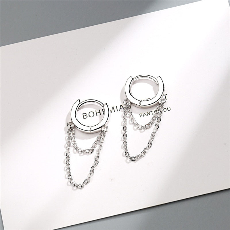 Silver Colour Double Layer Chain Tassel Hoop Earrings For Women INS Popular Cold Style Women Fashion Jewelry 2022 New