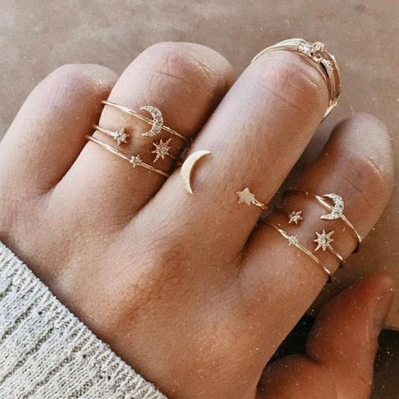 LATS Bohemian Gold Color Chain Rings Set for Women Fashion Boho Coin Snake Moon Star Rings Party 2022 Female Trend Jewelry Gifts