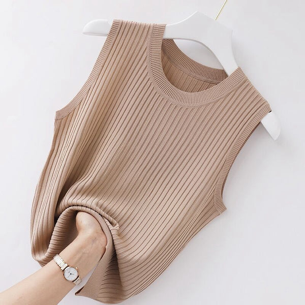 Casual Camisole Women&#39;s Summer Inner Ice Silk Bottoming O-neck Solid Short Knit Sweater Thin Slim Sleeveless  Women 2022 NEW