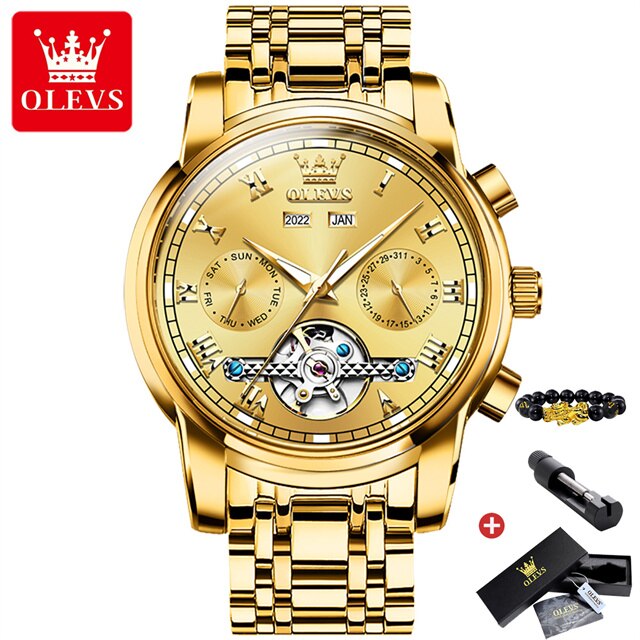 OLEVS Automatic Mechanical Watch for Men Date Calendar Skeleton Wristwatch Stainless Steel Classic Business Men&