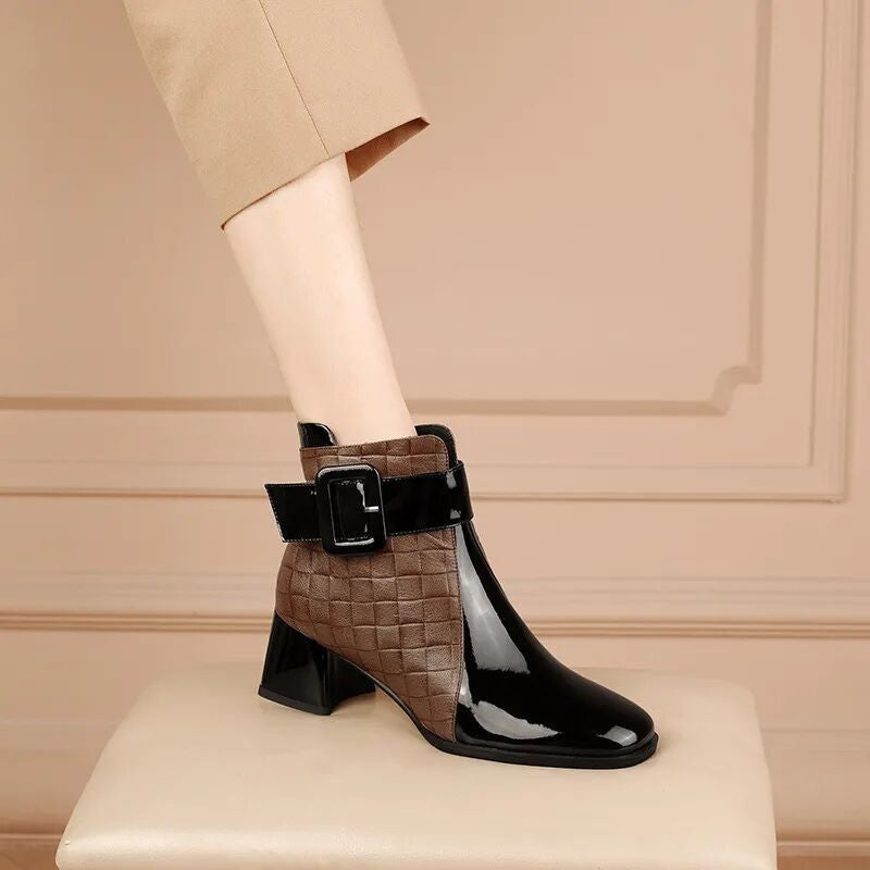 2022 Autumn Women Ankle Boots Pu Leather Thick High Heel Short Boots Winter Zip Square Toe Shoes Lady Women Shoes