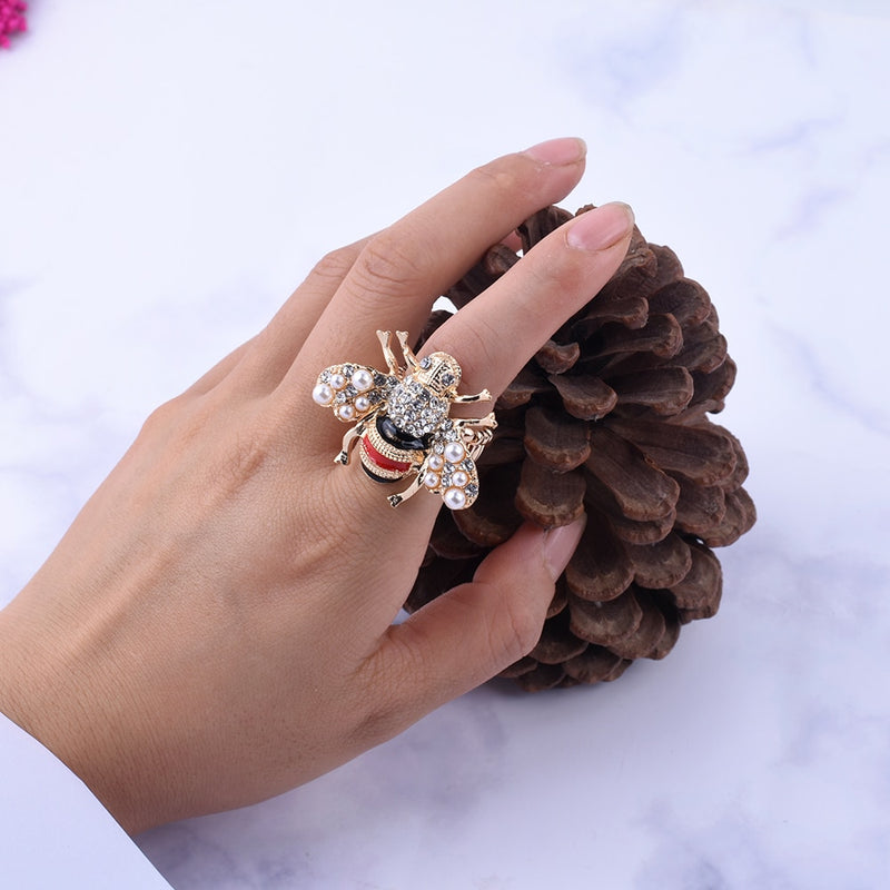 New Fashion Women Animal Bee Rings Pearl Party Wedding Female Jewelry Gold Colour  Adjustable  Trend Rings  Unique Like Gift