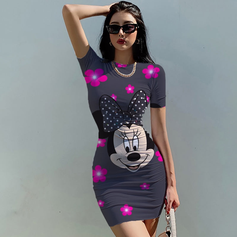 Disney Mickey Mouse Woman Dresses Elegant Dress Office Tight Slim Lady O Neck Summer Casual Cartoon 3D print Mini Dress Vestidos