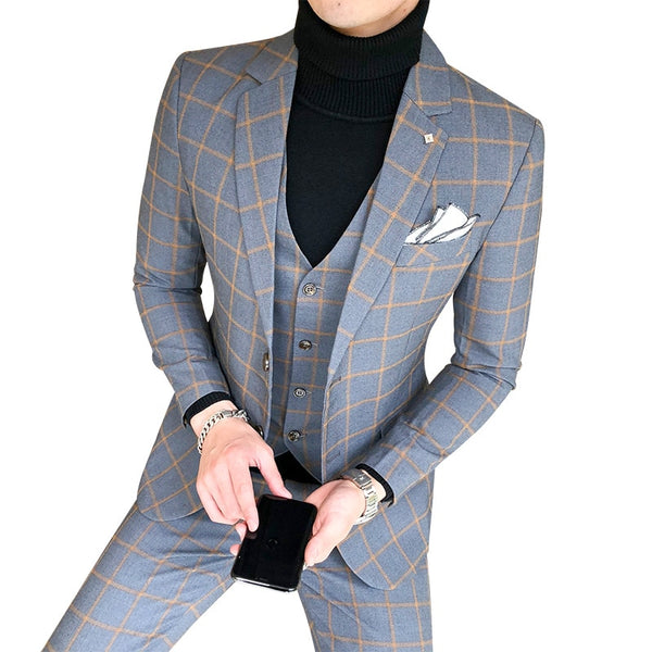 Blazer and Vest and Pants / Boutique Fashion Plaid Men&#39;s Casual Business Suit 3pcs Set Groom Wedding Dress Performance Costume