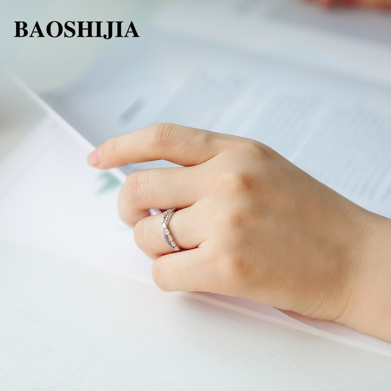 BAOSHIJIA Solid 18K White Gold X-Shaped Waterdrop SI Diamond Ring Engagement Cross Women&