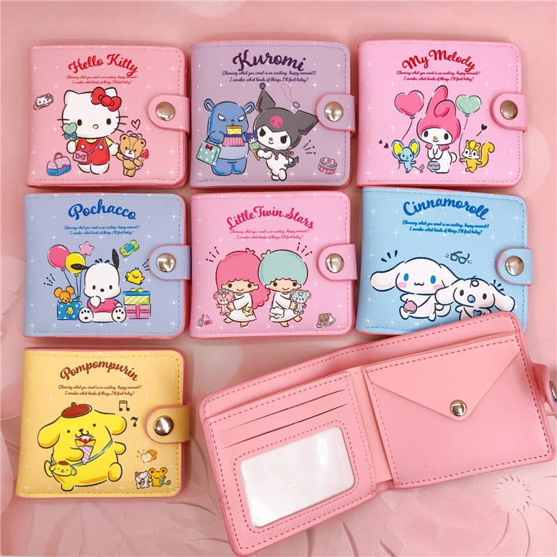 Kawaii Hello Kitty Cinnamoroll My Melody Kuromi Sanrios New Pu Casual Money Bag Coin Purse Card Holder Wallet with Buttons