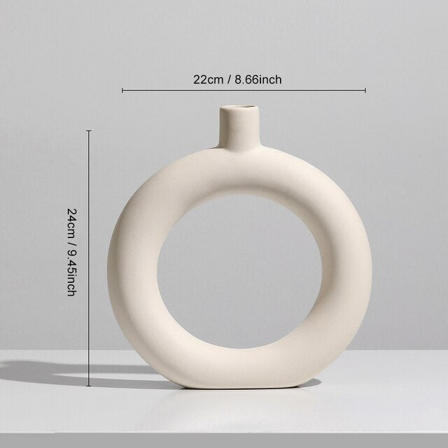 Nordic Ceramic Vase Circular Hollow Donuts Flower Pot Home Living Room Decoration Accessories Interior Office Desktop Decor Gift