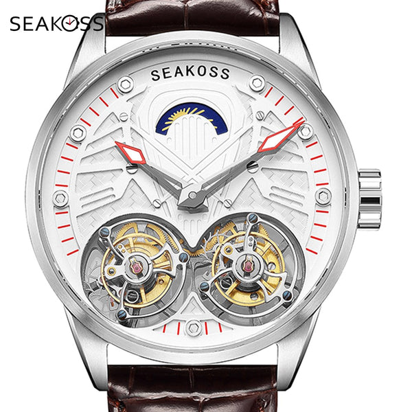 100% Real Double Tourbillon Watches Men Top Brand Luxury SEAKOSS Hollow Mechanical Manual Winding Wristwatches Luminous Hands
