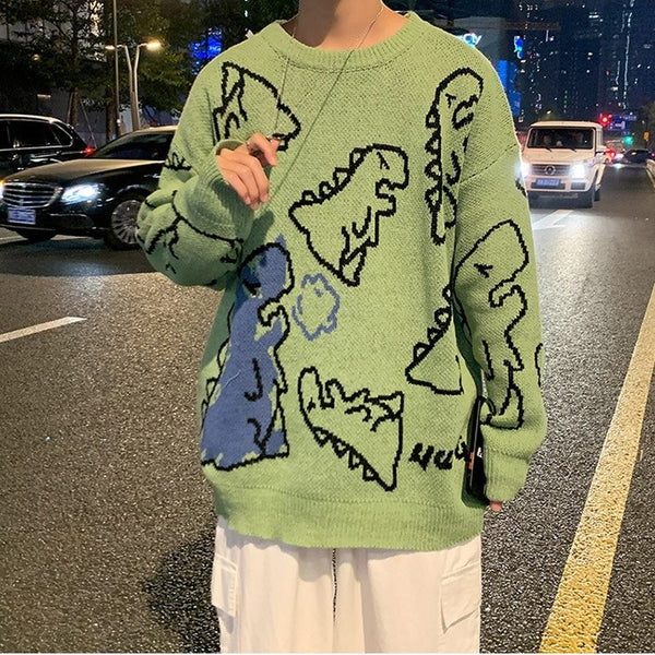 O-Neck Long Sleeve Women&#39;s Oversize Sweater Solid Dinosaur Printed Y2k Knitted Sweater Loose Casual Oversized Knitted Pullover