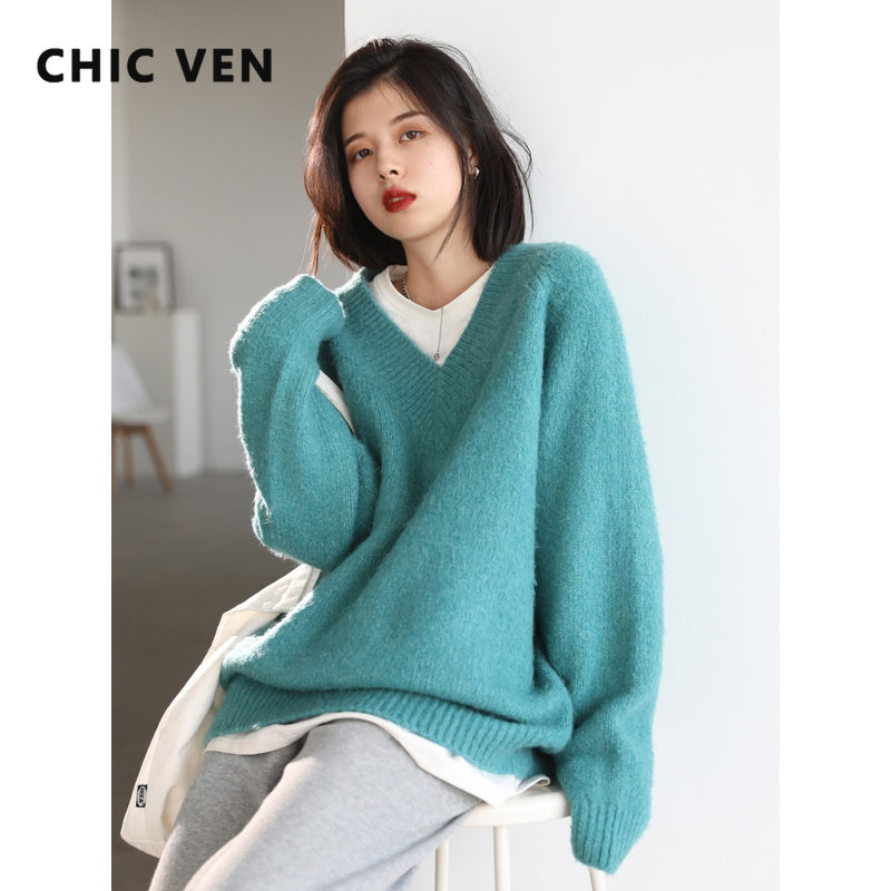 CHIC VEN Women's Sweater Knitted Solid V Neck Casual Female Loose Long Sleeve Pullovers Female Tops Lady Coat Autumn Winter 2022