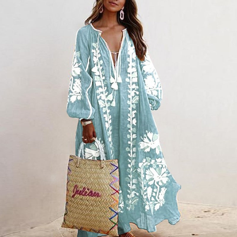 Vestido Spring Summer Women's Boho Dress Fashion Elegant Sexy V-Neck Retro Digital Printed Tassel Puff Sleeve Mid Length Dresses