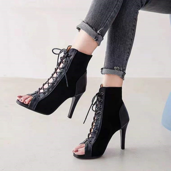 Lace-Up Sandals Heels 9CM Women&#39;s Shoes Summer 2022 Trend Black Sexy Peep Toe Boots Fashion Cloth Stilettos Jazz Dance Female