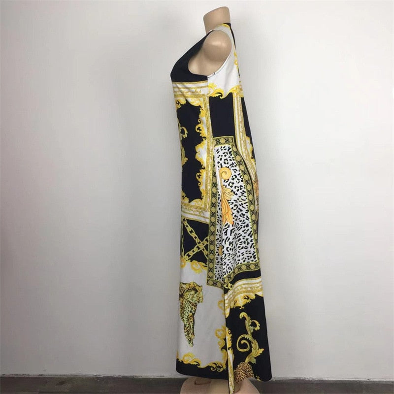 Bohemian Floral Printing Hollow Out Elegant Dresses For Women Large Swing Sexy High Waist Maxi Party Slim Tank Sleeveless Dress