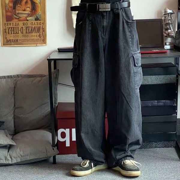 HOUZHOU Baggy Jeans Trousers Male Denim Pants Black Wide Leg Pants Men&#39;s Jeans Oversize Cargo Korean Streetwear Hip Hop Harajuku