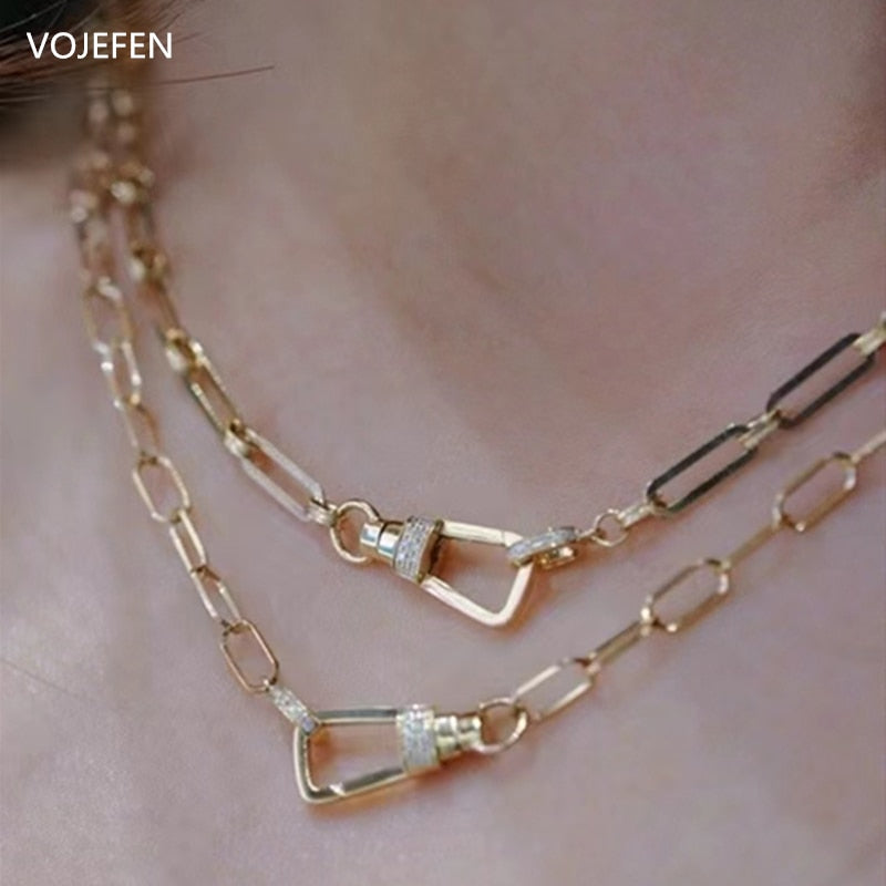 VOJEFEN Genuine 18k Real Gold Link Chain Necklace Jewelry for Women , Handmade/Cross Neck Choker Mini Diamond Fine Jewelri Gift