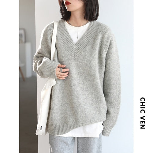 CHIC VEN Women's Sweater Knitted Solid V Neck Casual Female Loose Long Sleeve Pullovers Female Tops Lady Coat Autumn Winter 2022