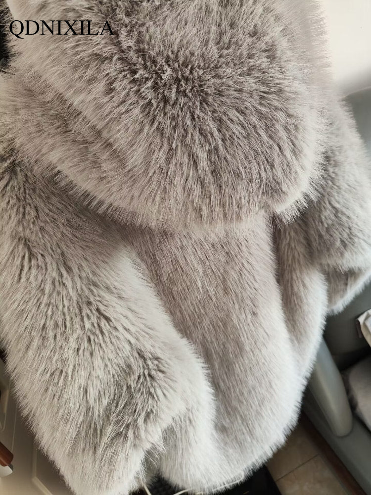 2022 Winter Fur Coat Women Imitation Fox Hair Korean Version of The New Faux Fur Coat Hooded Fox Fur Long Fur Collar Jackets