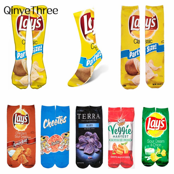 Women&#39;s Creative Happy Foods Potato Chips Printing Snack Candy Knee Socks Funny Harajuku Casual Fashion Long Sokken Dropship
