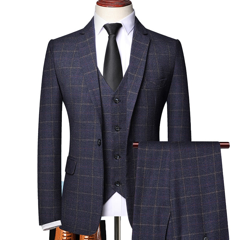 ( Blazer + Vest + Pants ) High-end Brand Fashion Plaid Men&#39;s Formal Business Suit 3pec Groom Wedding Dress Tuxedo Casual Suit