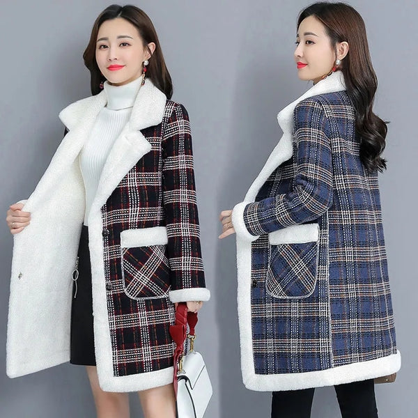 Winter Korean Plus velvet Thicken Women&#39;s Jacket Warm Loose Plaid Long Outerwear Faux Lamb velvet Coats Large size Female Parkas