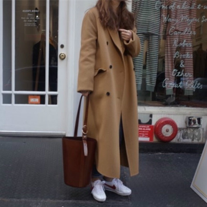 Korean Women Winter Long Wool Coat Jacket Female Woolen Overcoat Long Sleeve Double Breasted Outerwear