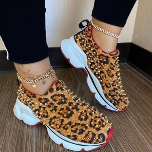 2022 Sneakers Women Vulcanized Woman Rivet Sports Shoes Female Platform Wedges Ladies Leopard Casual Slip On Footwear Plus Size