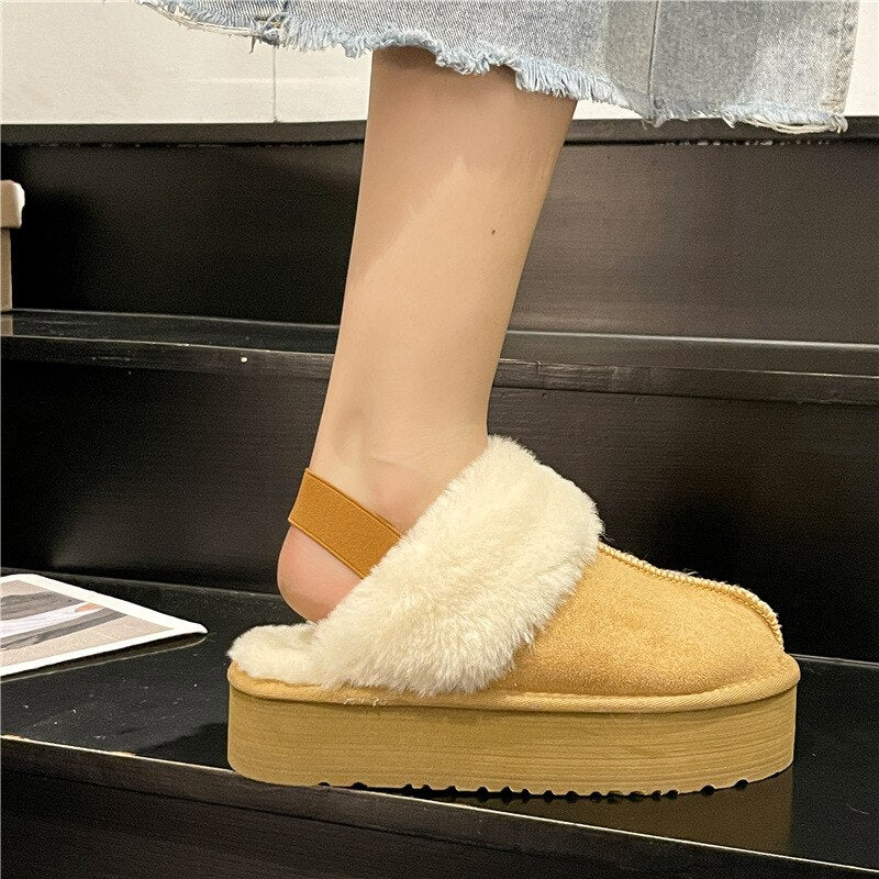 Winter Brand Plush Cotton Slippers Women Flats Shoes 2022 New Fashion Platform Casual Home Suede Fur Warm Slingback Flip Flops