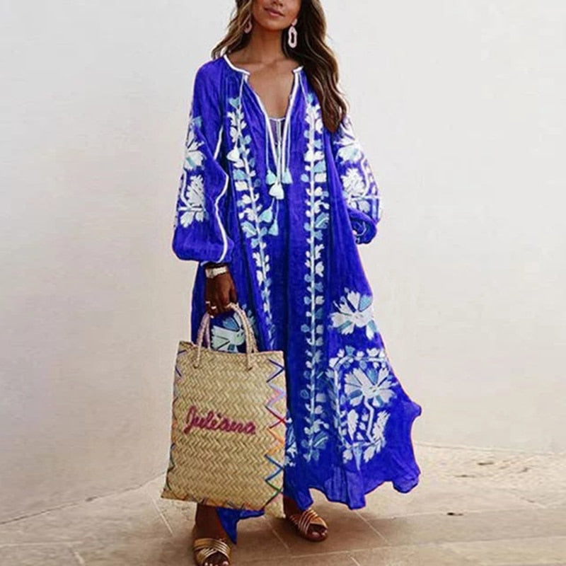 Vestido Spring Summer Women's Boho Dress Fashion Elegant Sexy V-Neck Retro Digital Printed Tassel Puff Sleeve Mid Length Dresses