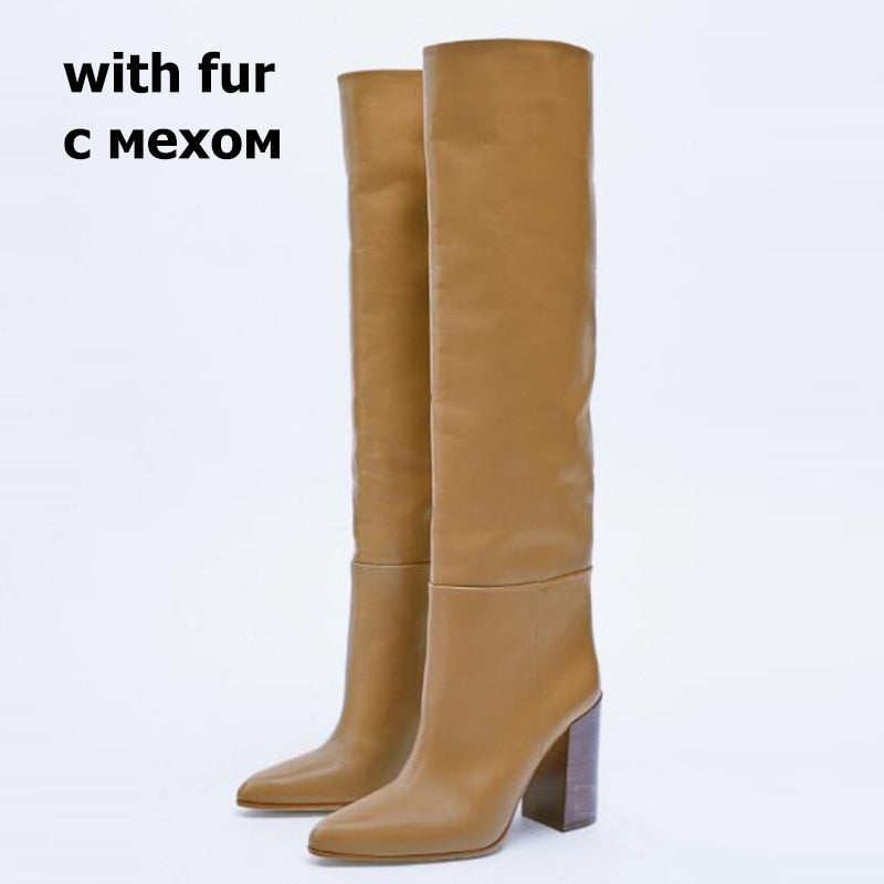 Taoffen 2023 INS Women Genuine Leather Knee High Boots Winter Warm Shoes For Women Fashion Party Club Footwear Size 34-43